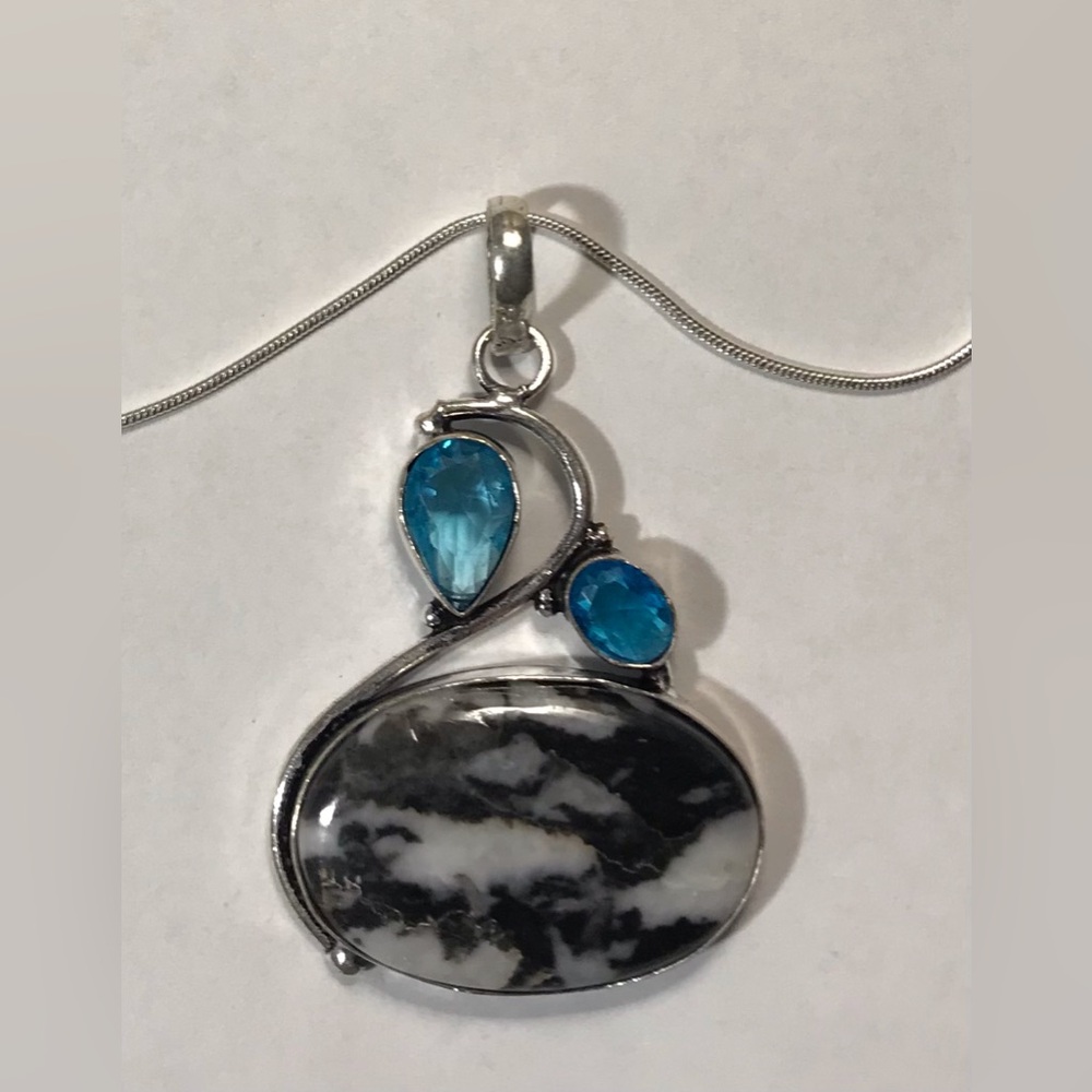 White Buffalo Blue Topaz Stamped 925 Sterling Silver Necklace